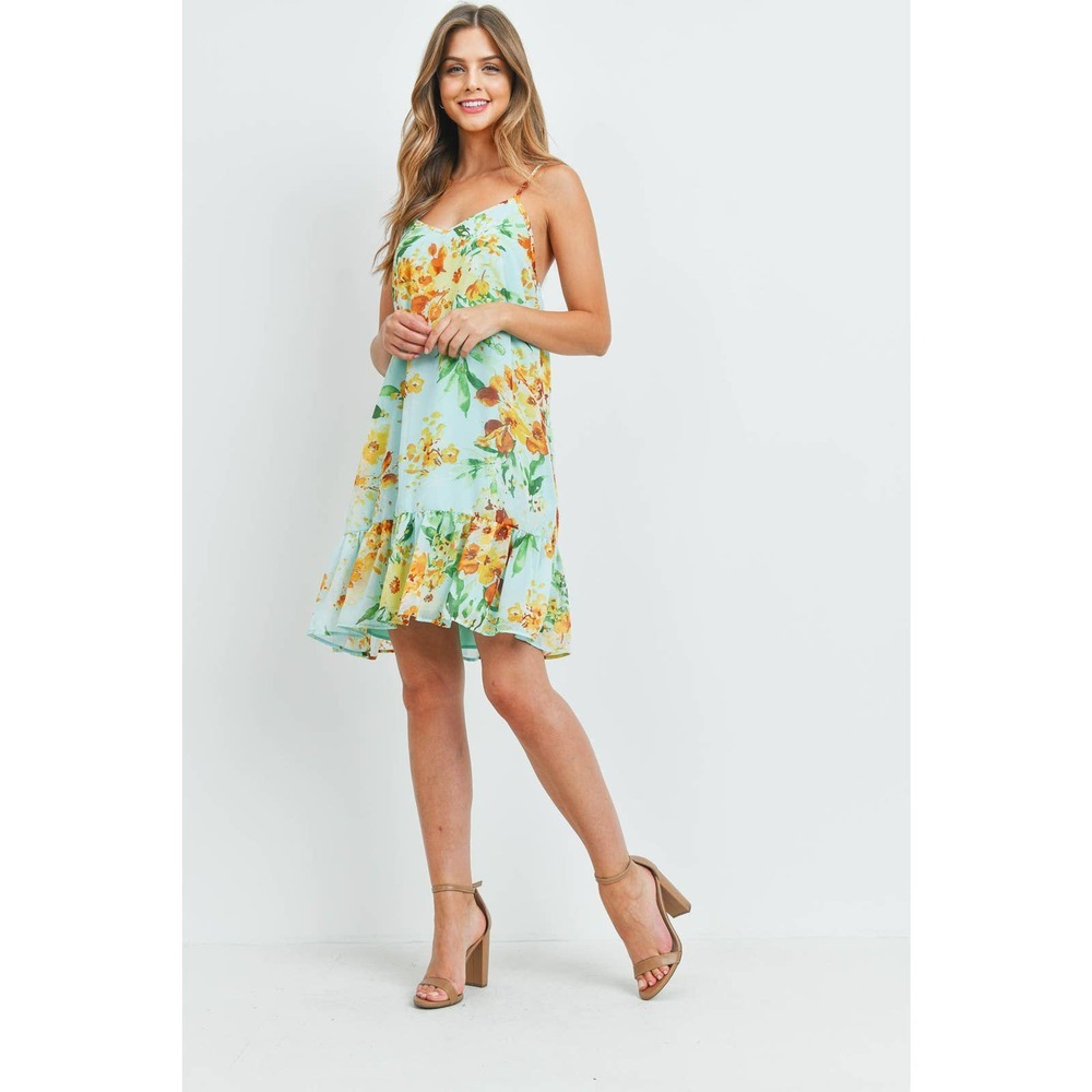 Mint Floral Slip Dress Spaghetti Strap Ruffle Hem Dress - Picture 3 of 5